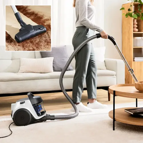 Прахосмукачка, Bosch BGC05LW2, SER2, Bagless vacuum cleaner Cleann’n, white/blue, 700W, 1 Furniture brush and crevice nozzle, 76 db(A), 1,5 l, EPA 12 wahsable 99.9% - 5