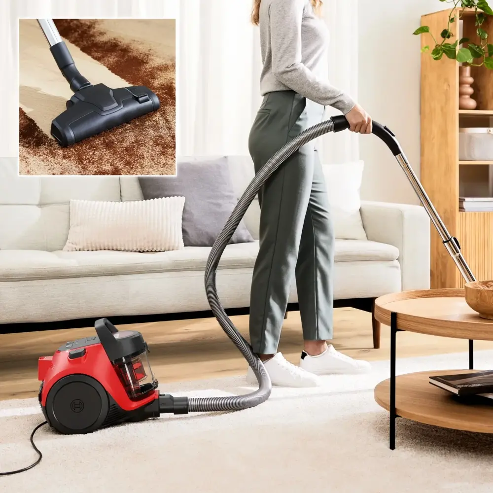Прахосмукачка, Bosch BGC05RD2H, SER2, Bagless vacuum cleaner Cleann’n, red/black, 700W, 2 nuzzles, Variable suction control, 76 db(A), 1,5 l, EPA 12 wahsable 99.9% - image 5
