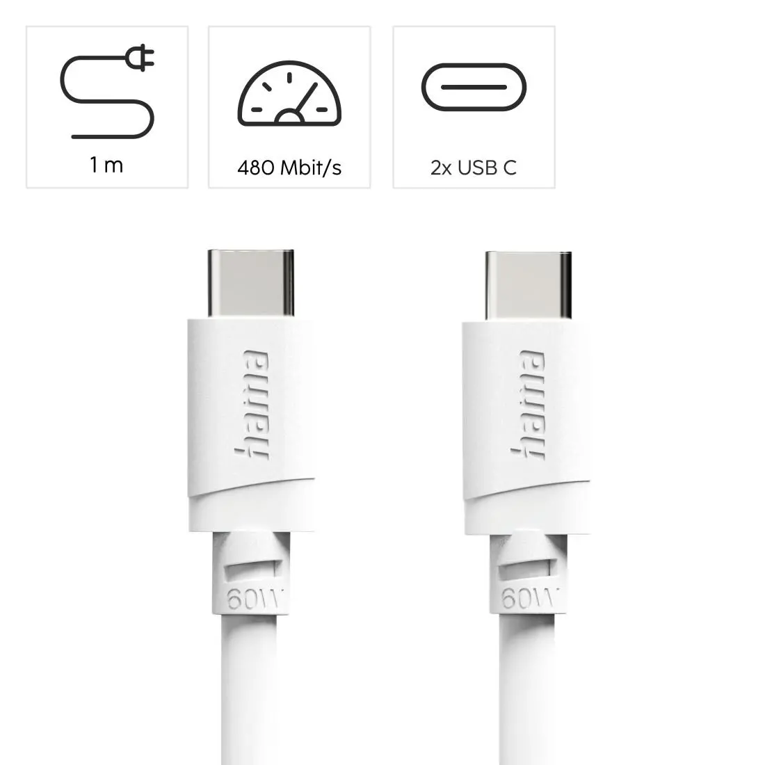 HAMA Καλώδιο φόρτισης USB-C - USB-C, 60 W, 1 m, λευκό - image 7