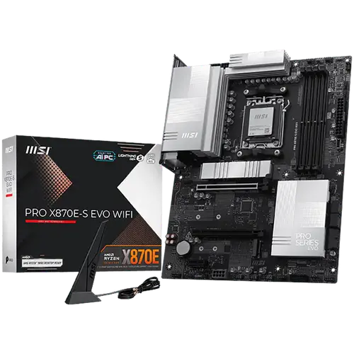 MSI PRO X870E-S EVO WIFI, ATX, Socket AM5, 4x DDR5 Dual Channel, 1x PCIe x16 slot, 1x PCIe x4 slot, 1x PCIe x1 slot, 3x M.2 slot, 4x SATA3, 1x USB4 40Gbps Type-C, 1x HDMI, 1x DP Type-C, 7.1 HD Audio, 5G LAN, WiFi 7, BT, 3Y
