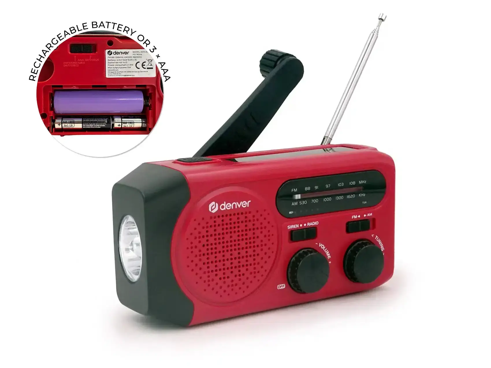 Аварийно AM/FM радио със соларно зареждане Denver SCR-2010MK2, ръчна манивела, вграден фенер и SOS сирена - image 5