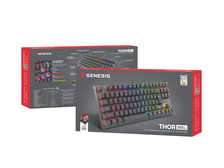 Клавиатура, Genesis Mechanical Gaming Keyboard Thor 303 TKL RGB Backlight Red Switch US Layout Black - image 8