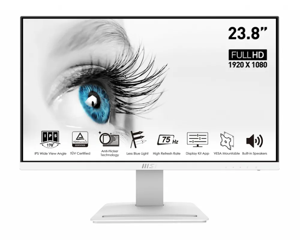 Монитор, MSI PRO MP243W, 23.8", 1920x1080 (FHD), 75Hz, 7ms, IPS, 250 nits, Flat, HDMI and DisplayPort, Anti-Flicker and Less Blue Light, Display Kit, Standard VESA, 24M, WHITE