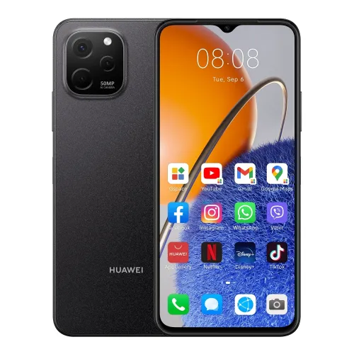 Мобилен телефон, Huawei Nova Y61 Midnight Black, 6.52 HD+, 1600x720, 6GB+64GB, 50MP+2MP+2MP/5MP, 4G LTE, WIFi 802.11 b/g/n, 2.4GHz, BT 5.1, USB -C, FPT, 5000 mAh, EMUI 12.0