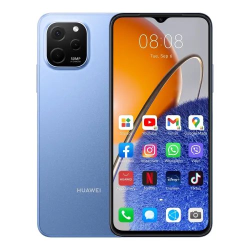 Мобилен телефон, Huawei Nova Y61 Sapphire Blue, 6.52 HD+, 1600x720, 6GB+64GB, 50MP+2MP+2MP/5MP, 4G LTE, WIFi 802.11 b/g/n, 2.4GHz, BT 5.1, USB -C, FPT, 5000 mAh, EMUI 12.0