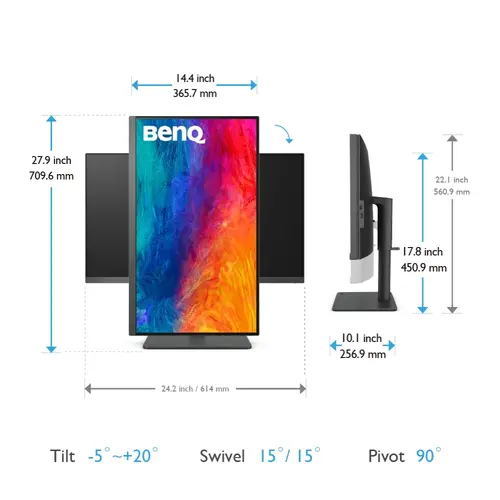 Монитор, BenQ PD2705U, 27" IPS LED, 5ms,3840x2160 4K UHD, Designer Monitor, AQCOLOR, 100% sRGB, HDR10, B.I., LBL, KVM Switch, ICCsync, CAD/CAM, DualView, 1000:1, 300 cd/m2, HDMI, DP, USB Type-C(Power 65W, DP alt), Speak.2x2W, Height Adj., Swivel, Tilt, Gray - image 8