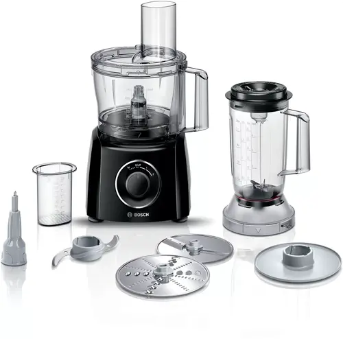 Кухненски робот, Bosch MCM3201B, Kitchen machine, MultiTalent 3, 800 W, BPA-free, plastic bowl 2.3 l , Double-sided stainless steel disc for cutting and planing, suitable for crushing ice, Dough attachment, black