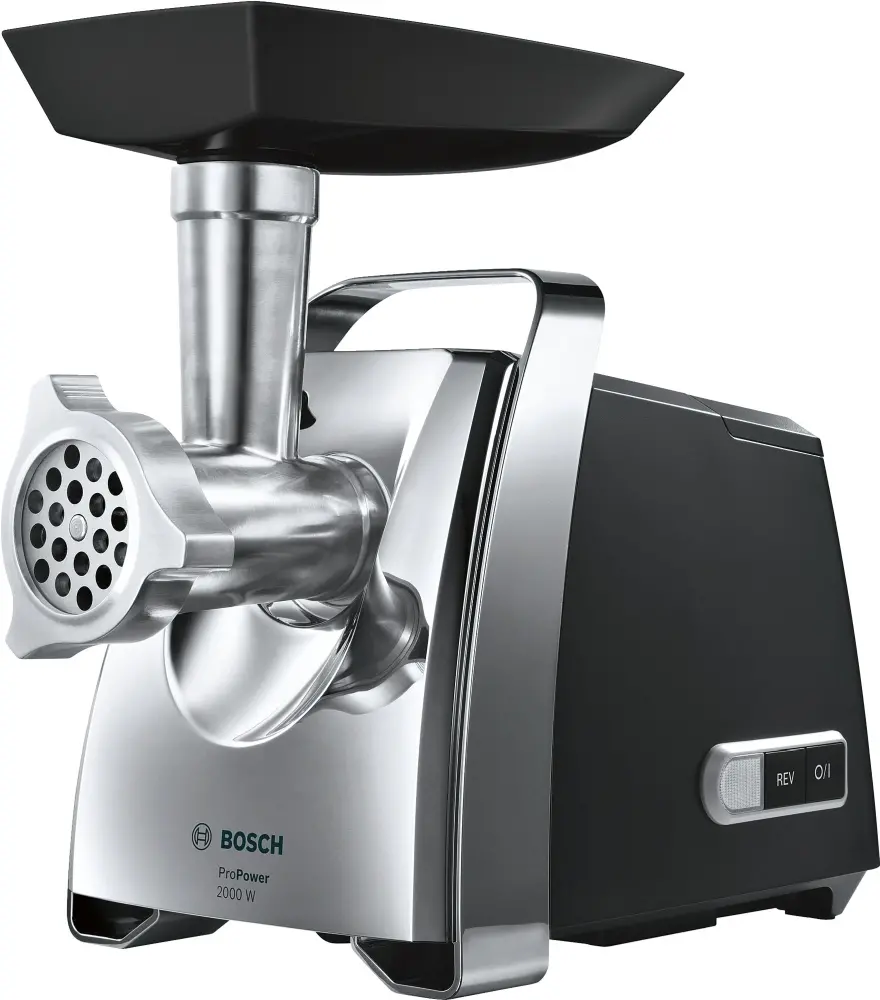 Mașină de tocat carne, Bosch MFW67440, ProPower 2000W, 3,5 kg/min, nr. 8, 3 site, accesoriu kebbe, accesoriu de răzuit cu 2 tamburi, funcție de mers