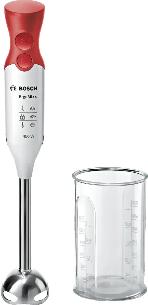 Blender vertical, Bosch MSM64110, Blender, 450 W, Inclusă cană transparentă, Alb, roșu