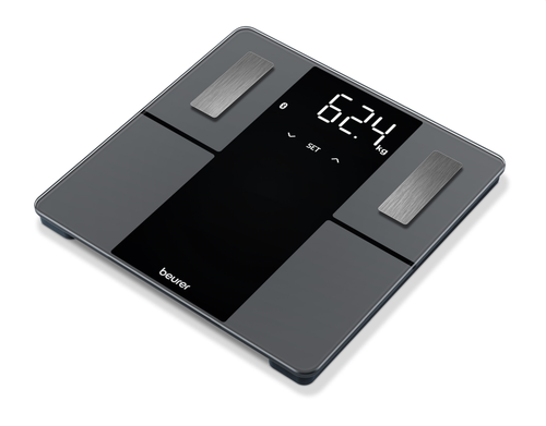 Везна, Beurer BF 500 BT diagnostic bathroom scale in black, titanium-coated stainless steel electrodes, extra-large magic display 40mm, Weight, body fat, body water, muscle percentage, bone mass, AMR/BMR calorie display; BMI calculation; Bluetooth; 180 kg / 100