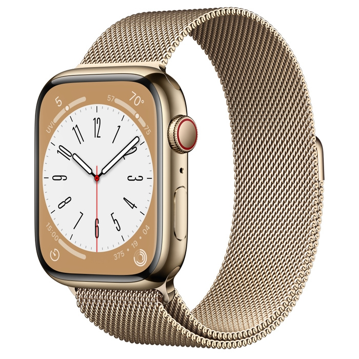 Часовник, Apple Watch Series 8 GPS + Cellular 45mm Gold Stainless Steel Case with Gold Milanese Loop