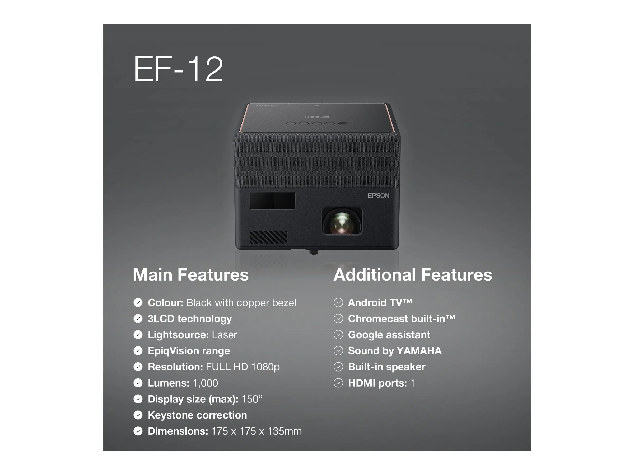 Βιντεοπροβολέας, Epson EF-12, Portable Laser Android TV Edition, Full HD (1920 x 1080), 16:9, 1000 ANSI lumens, 2500000:1, 2xHDMI, Bluetooth, Android