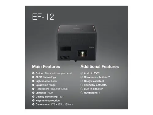 Мултимедиен проектор, Epson EF-12, Portable Laser Android TV Edition, Full HD (1920 x 1080), 16:9, 1000 ANSI lumens, 2500000:1, 2xHDMI, Bluetooth, Android TV, Chromecast, 2x5 W Yamaha sound, 30-150", 2.1 kg, Black - image 13