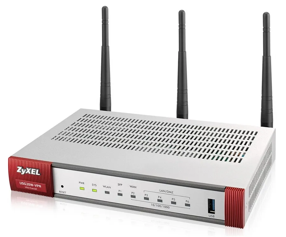 Защитна стена, ZyXEL USG20W-VPN Firewall, 802.11ac/n Wireless (3x3/80MHz), 10x VPN (IPSec/L2TP), up to 15 SSL (5 included), 1x WAN, 1x SFP, 4x LAN/DMZ, 1x USB port, Optional: Content Filtering, Antispam (licenses)