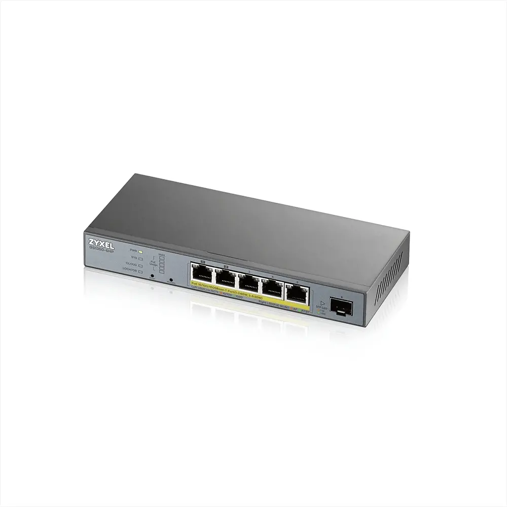Switch, ZyXEL GS1350-6HP, 6 porturi managed CCTV PoE switch, rază lungă, 60W, 802.3BT