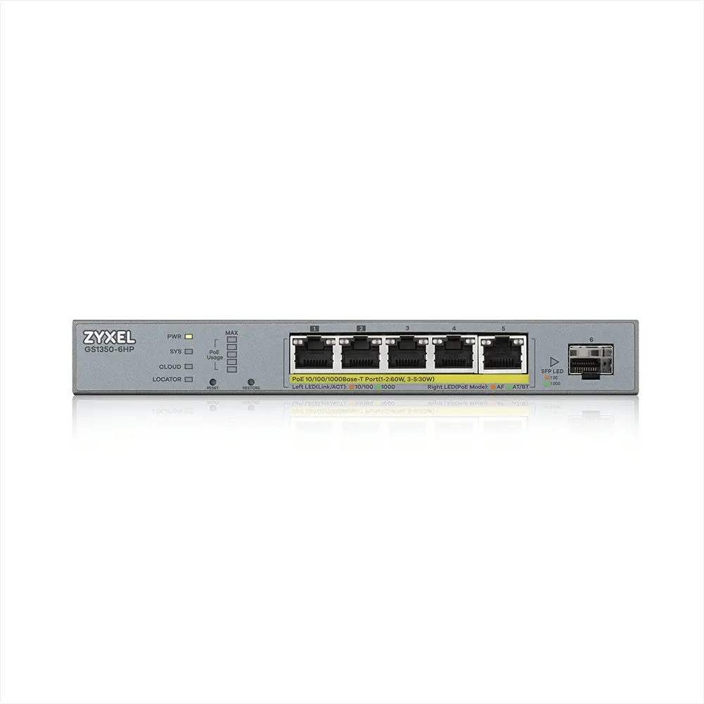 Switch, ZyXEL GS1350-6HP, 6 porturi managed CCTV PoE switch, rază lungă, 60W, 802.3BT - image 1