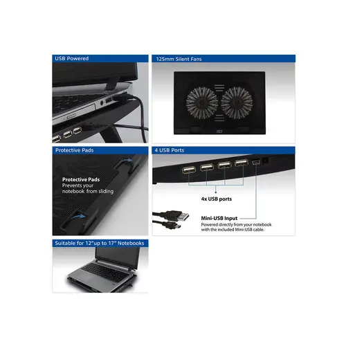 Cooler pentru laptop ACT, Până la 17", Cu două ventilatoare, Hub USB, Negru - 5