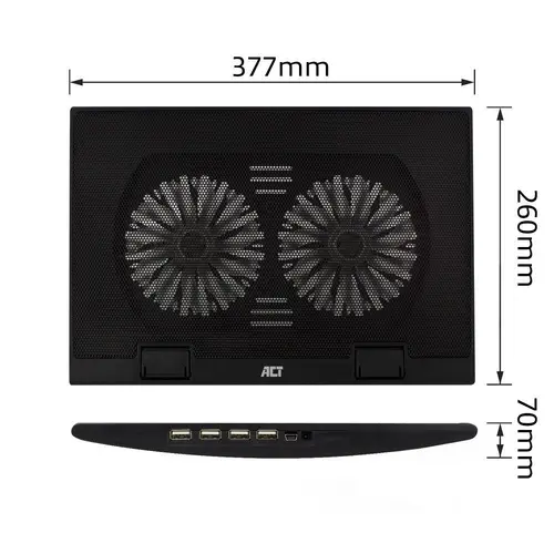 Cooler pentru laptop ACT, Până la 17", Cu două ventilatoare, Hub USB, Negru - 7