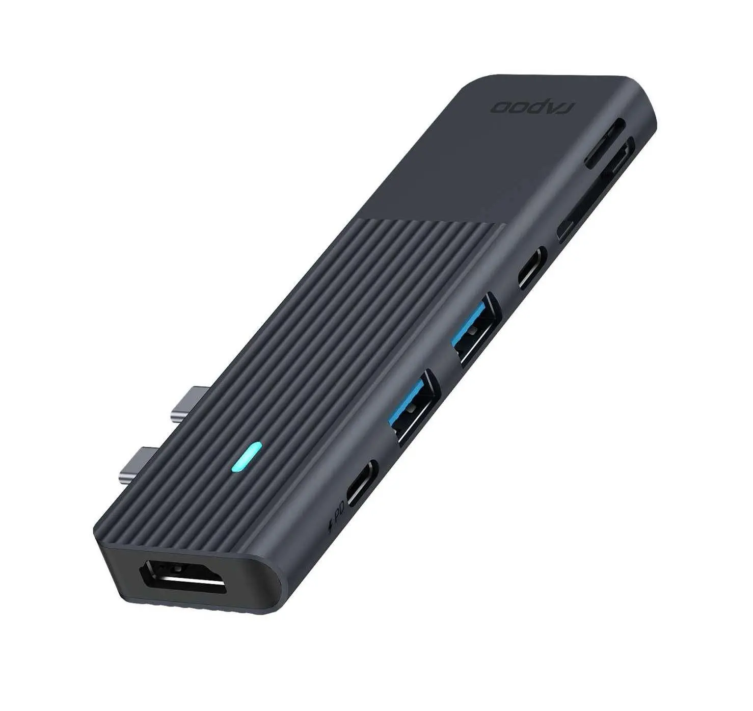 Adaptor multiport, RAPOO UCM-2003, 7 în 2, USB-A, USB-C, HDMI, SD/MicroSD, Negru