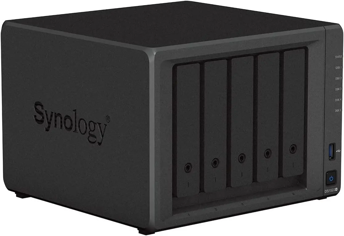 Мрежов сторидж Synology DS1522+, за 5 диска, до 108TB, CPU 2.6GHz, RAM 8GB, 4xГигабит, USB 3.2 Gen 1