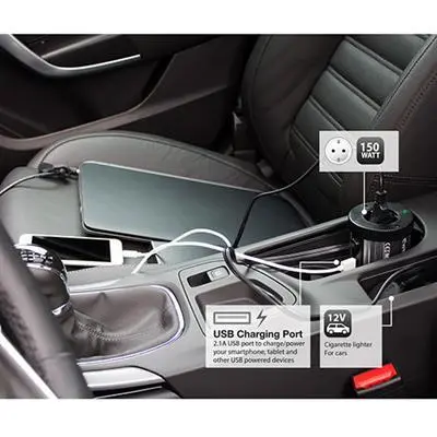 Инвертор Ewent EW3990, DC/AC 12V - 230V, 150W, USB 2.1 A, Сребрист - image 3