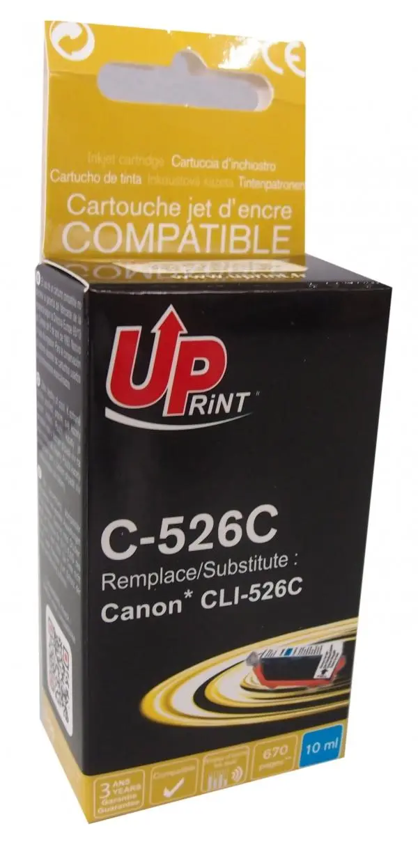 Κασέτα μελανιού UPRINT CLI526 CANON, Με τσιπ, Cyan