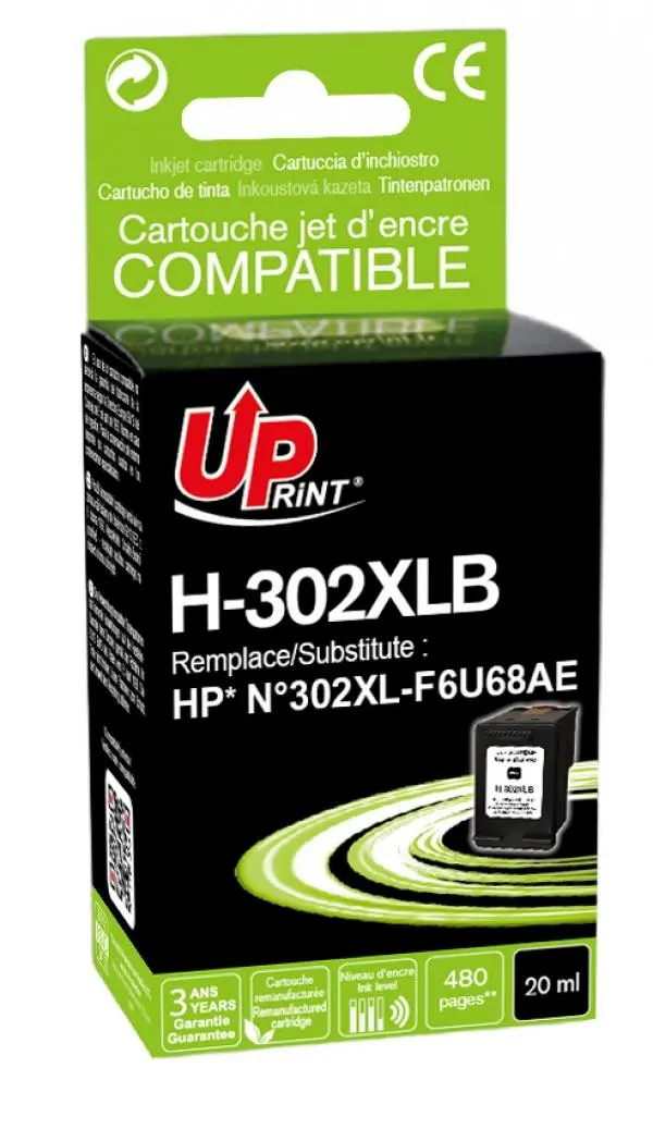 Δοχείο μελάνης UPRINT F6U68AE-N°302XL HP, Μαύρο