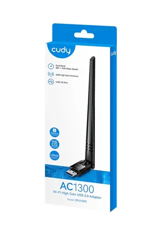 Адаптер, Cudy WU1400 Wi-Fi High Gain USB 3.0 Adapter AC1300 1300Mbps, 867Mbps at 5GHz + 400Mbps at 2.4GHz, 1 high gain detachable antenna, USB 3.0 - image 1