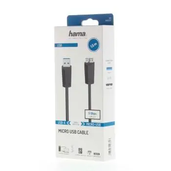 Кабел HAMA, USB 3.0 A мъжко - USB 3.0 Micro-B мъжко, 1.5 м, 5Gbit/s, Черен - image 2