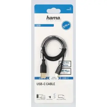 Кабел Hama Flexi-Slim USB-C - USB-A 2.0 мъжко, 0.75м,тънък, позлатен, черен - image 2