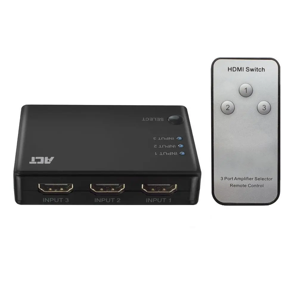 Switch HDMI cu 3 porturi ACT, 4K@60Hz, USB, Telecomandă, Negru