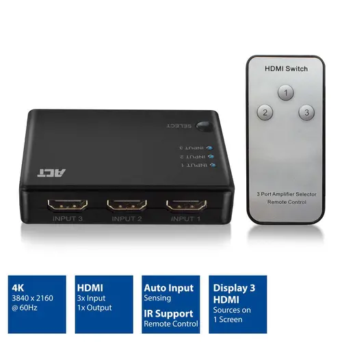 Διακόπτης HDMI 3 θυρών ACT, 4K@60Hz, USB, Τηλεχειριστήριο, Μαύρο - 2