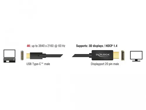 Конвертор Delock, USB-C мъжко - DisplayPort мъжко, 4K 60 Hz, 2 m, Черен - image 1