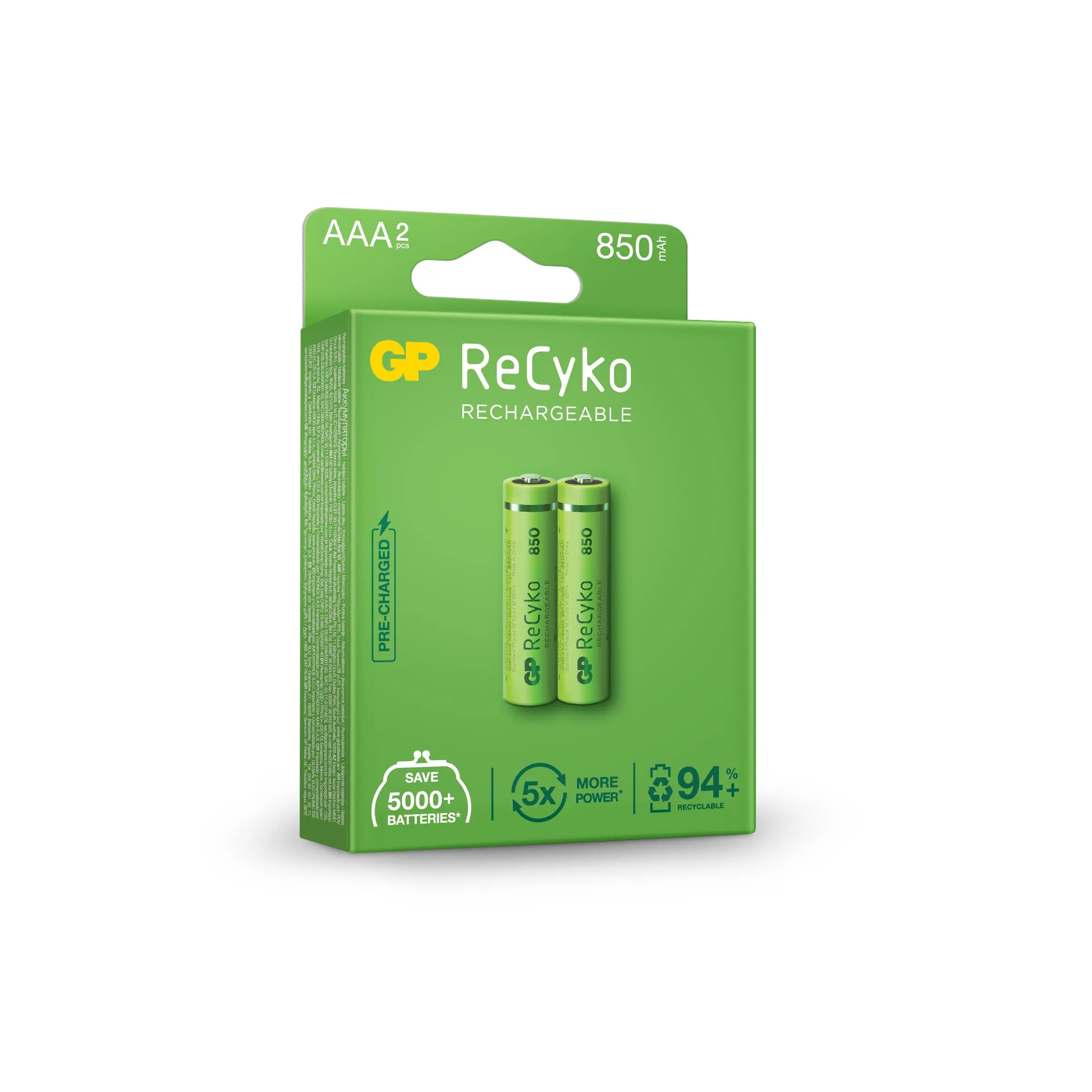 Акумулаторна Батерия GP R03 AAA 850mAh NiMH 85AAAHCE-EB2 RECYKO, 2 бр. в опаковка - image 2
