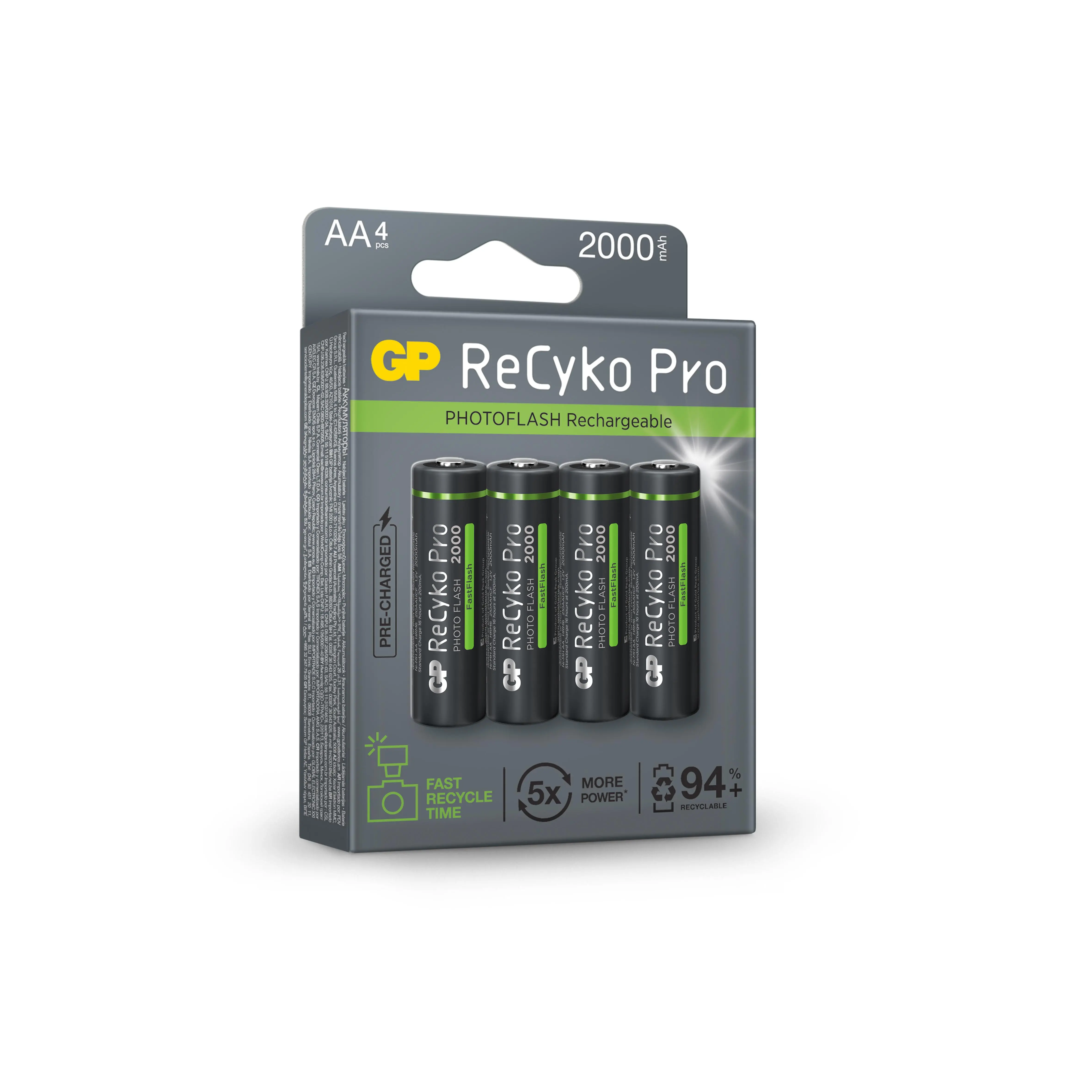Акумулаторна Батерия GP R6 AA 2000mAh RECYKO + PRO Fast Flash GP-BR-210AAHCF-APCEB4 NiMH /до 500 цикъла/  4 бр. в опаковка GP - image 2