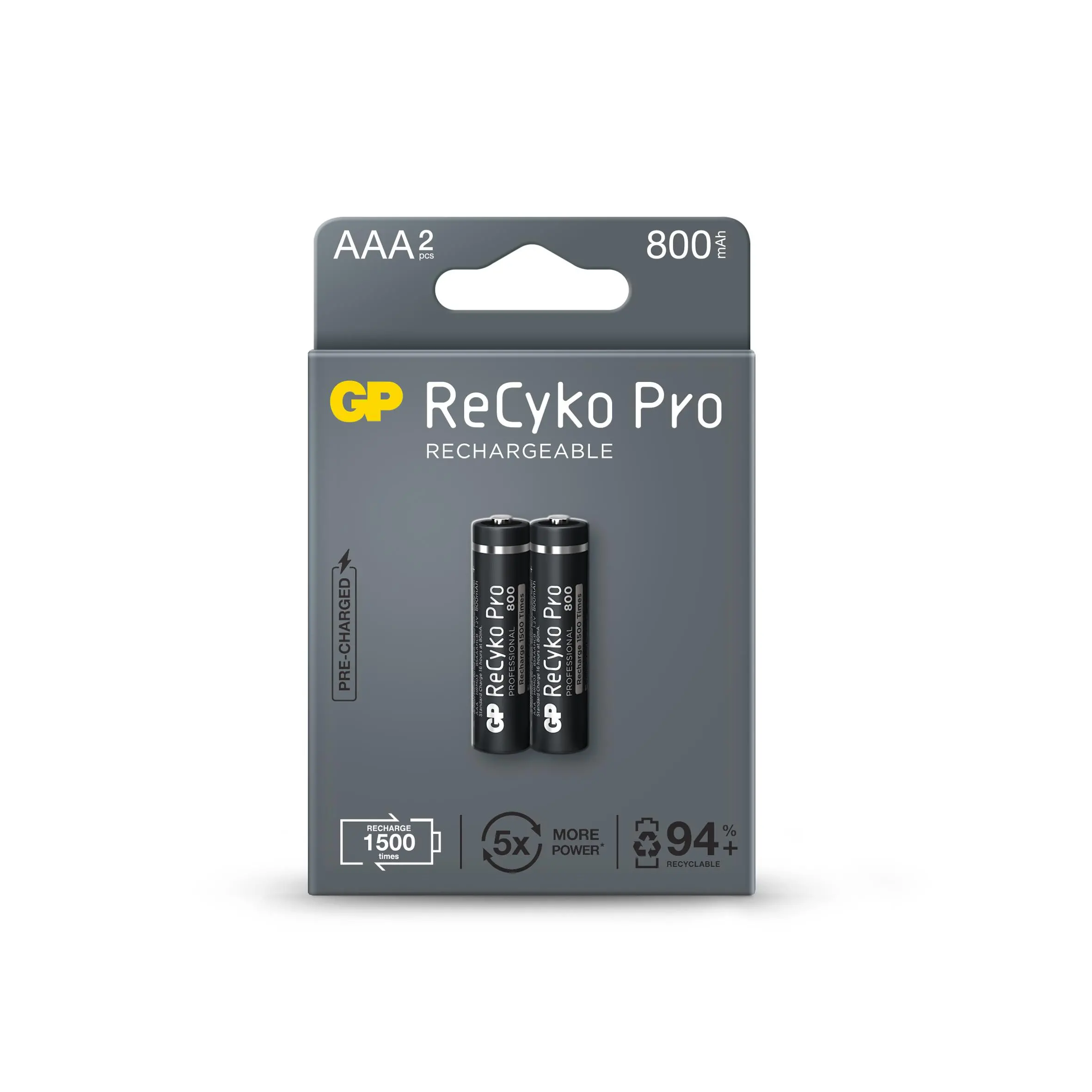 Baterie reîncărcabilă GP R03 AAA 800mAh, NiMH, 85AAAHCB-EB2 RECYKO+ PRO, Până la 1500 de cicluri, 2 buc. în ambalaj
