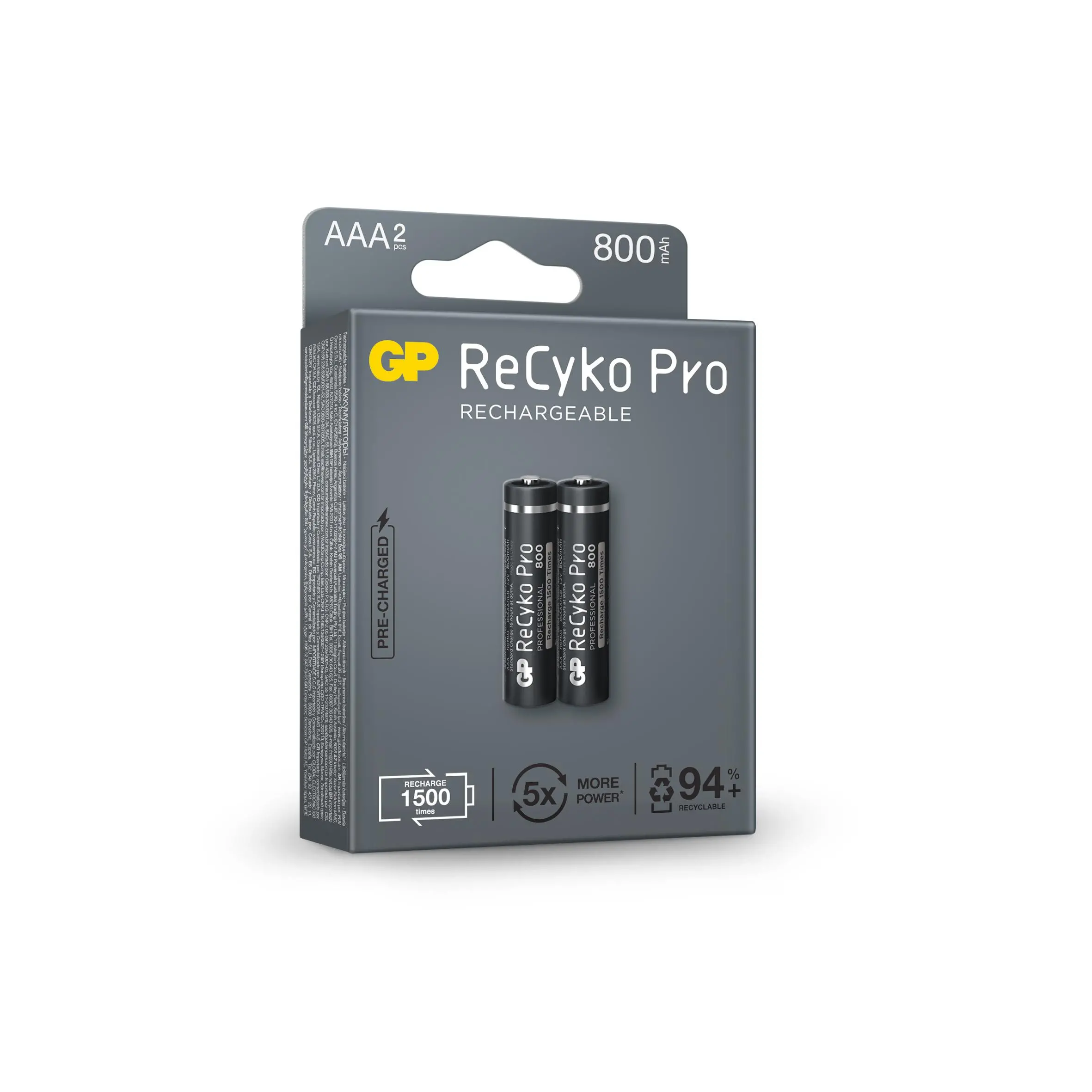 Акумулаторна Батерия GP R03 AAA 800mAh, NiMH, 85AAAHCB-EB2 RECYKO+ PRO, До 1500 цикъла, 2 бр. в опаковка - image 2