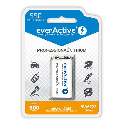 Επαναφορτιζόμενη μπαταρία R22 9V LiIon 500mAh/550 precharged +Usb-C 1τεμ. σε συσκευασία EVERACTIVE - 2