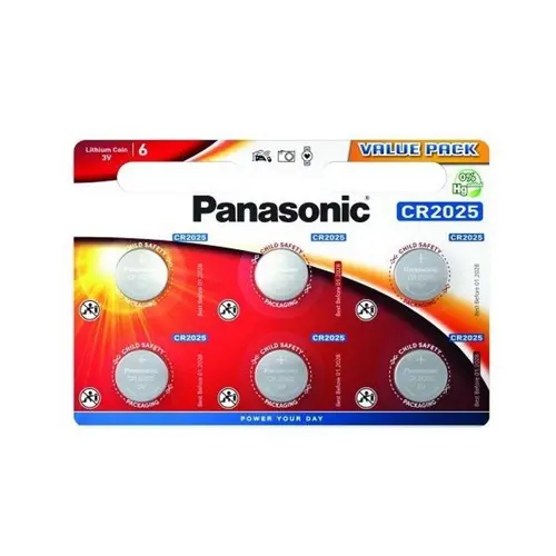 Бутонна батерия литиева PANASONIC CR2025, 3V, 6 бр. в блистер /цена за 6 бр./