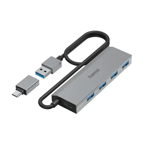 HAMA 4-портов хъб, USB 3.2 Gen 1, 5 Gbit/s, USB-C адаптер, авт. захранване