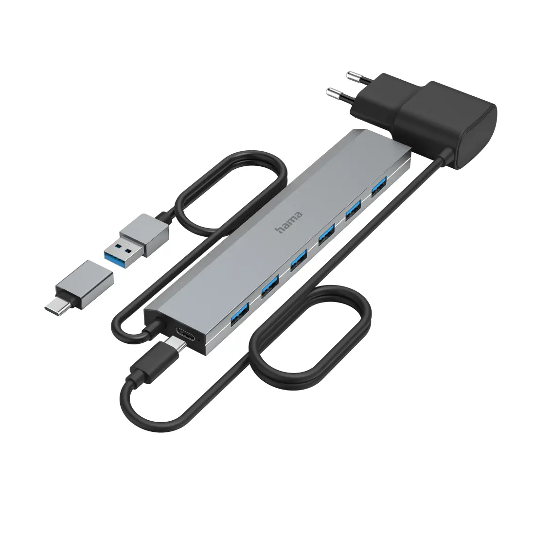 HAMA 7-портов хъб, USB 3.2 Gen 1, 5 Gbit/s, USB-C адаптер със захранване - image 2