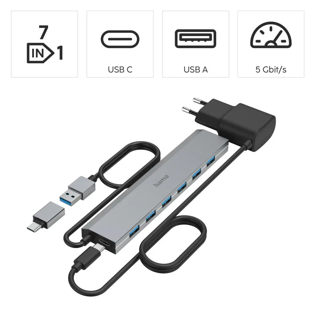 HAMA 7-портов хъб, USB 3.2 Gen 1, 5 Gbit/s, USB-C адаптер със захранване - image 6