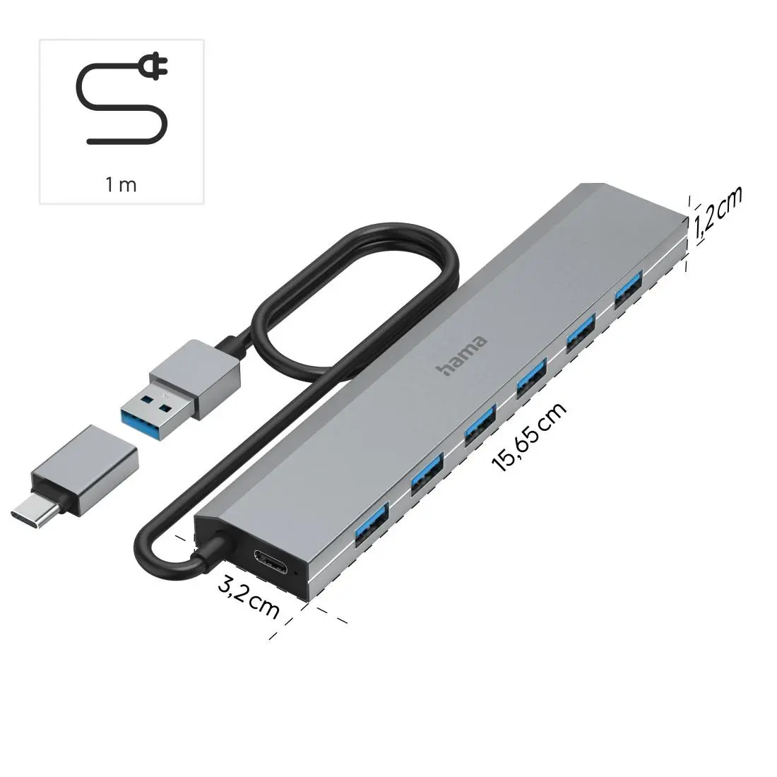 HAMA 7-портов хъб, USB 3.2 Gen 1, 5 Gbit/s, USB-C адаптер със захранване - image 7