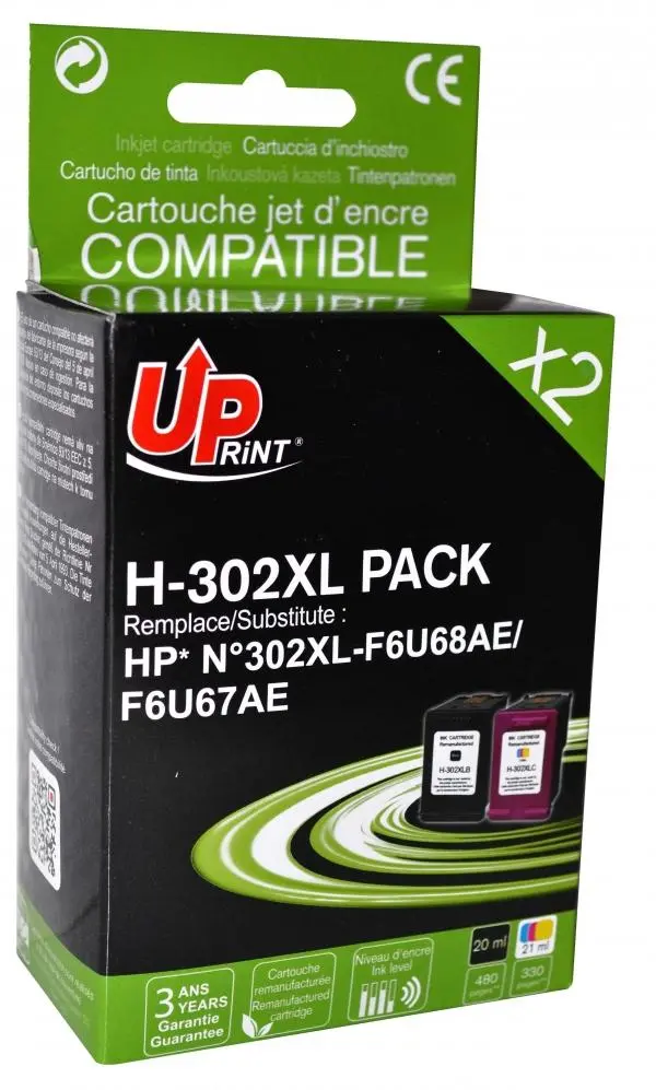 Cartuș de cerneală, UPRINT, set BK+CL – compatibil cu HP 302XL, F6U68AE+F6U67AE, DeskJet 1110 AiO/2130 AiO/3630 AiO/4650 AiO