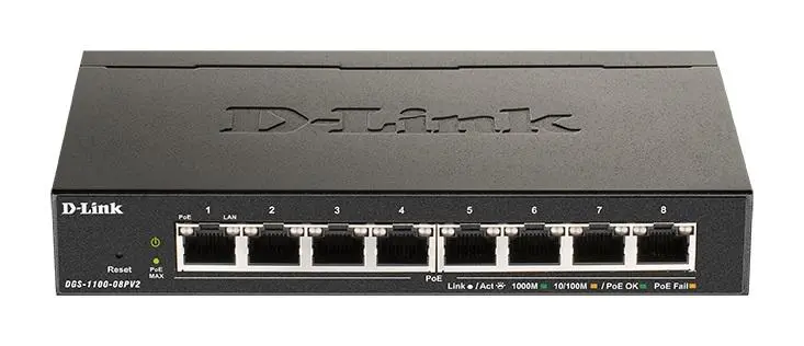 Switch D-Link DGS-1100-08PV2/E, 8 porturi PoE 10/100/1000 Gigabit Smart Switch, gestionabil, pentru montare în rack