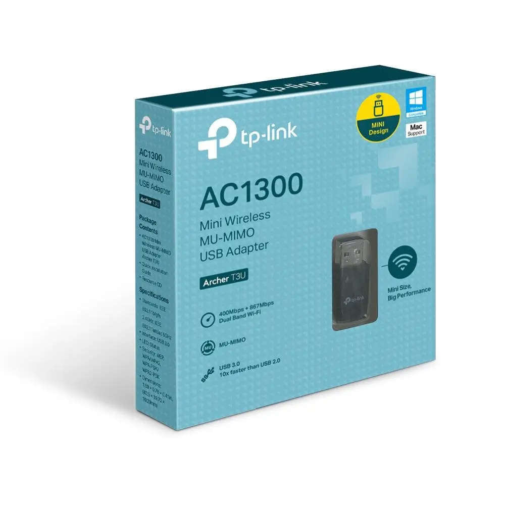 Безжичен адаптер TP-LINK Archer T3U, AC 1300 MU-MIMO, Dual band, USB 3.0, вградена антена - image 2