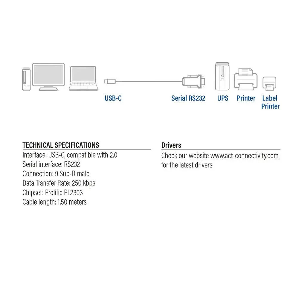 Конвертор ACT AC6002, USB-C мъжко - RS232 мъжко, 9 pin, 1.5 м, Черен - image 2
