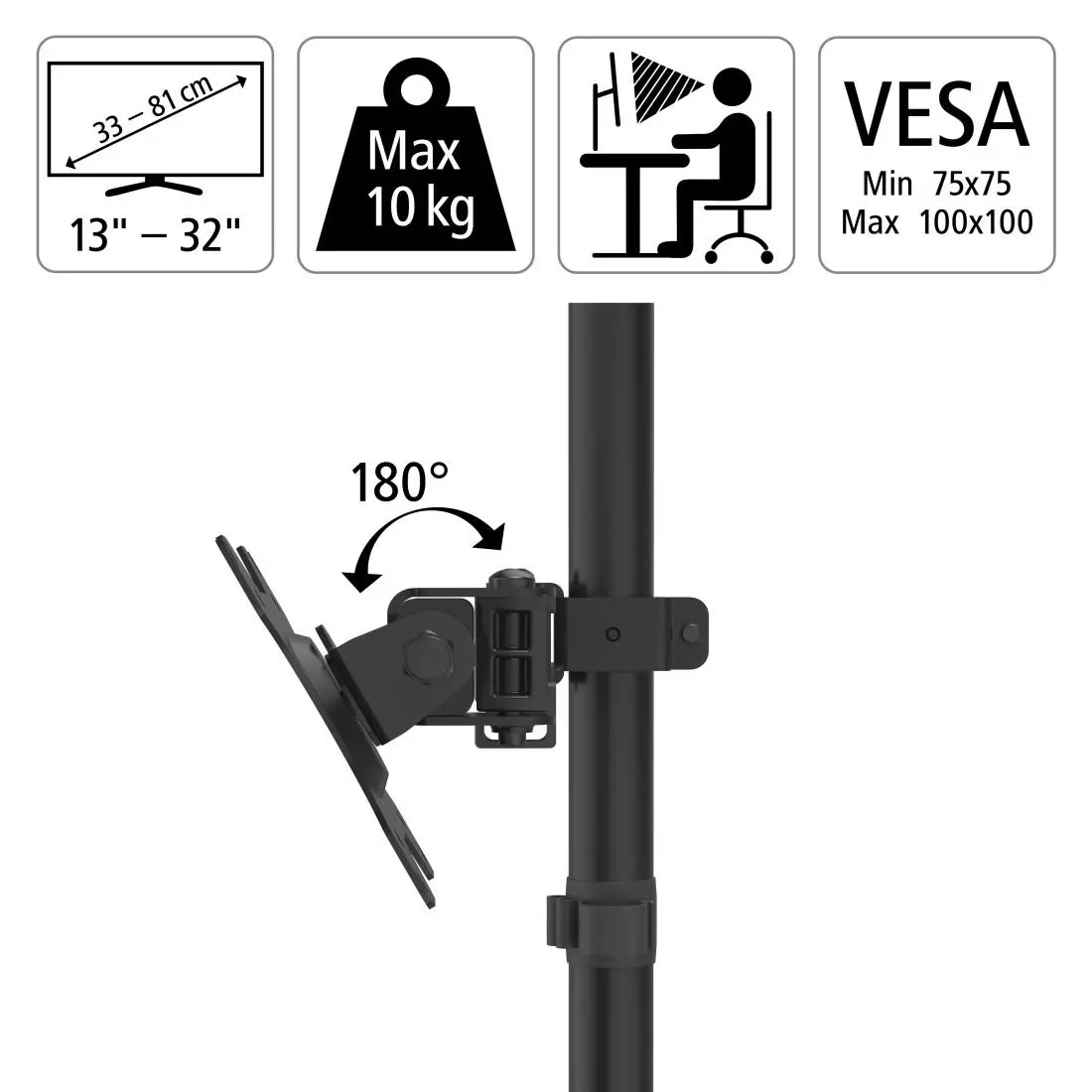 Стойка за монитор за бюро HAMA Регулируема, 13" - 32", 10 кг, Swivel/Tilt, Черен - image 4