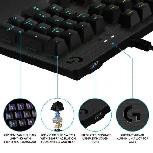 Клавиатура, Logitech G513 Keyboard, GX Red Linear, Lightsync RGB, USB Passthrough Data/Power, Alumium Alloy, Game Mode, Memory Foam Palmrest, Gaming Keycaps, Keycap Puller, Black Carbon - image 1