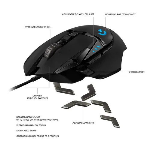 Ποντίκι, Logitech G502 Mouse, Lightsync RGB, HERO 25K DPI Sensor, 400 IPS, 5x3.6g προαιρετικά βάρη, 11 προγραμματιζόμενα κουμπιά, 114g, μαύρο - 2